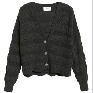 BA&SH Harold Pointelle Cardigan in Gray V-Neck Crop Buttons Wool Cashmere Blend